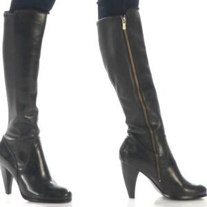 $415 Frye Mikaela Mock Lace Up Stretch Black Real Leather Tall Heeled High Boot
